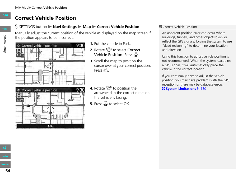 2 correct vehicle position, P. 64, Correct vehicle position | HONDA 2013 Accord Navigation User Manual | Page 65 / 152