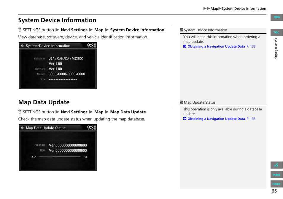 2 system device information, P. 65, 2 map data update | System device information, Map data update | HONDA 2013 Accord Navigation User Manual | Page 66 / 152