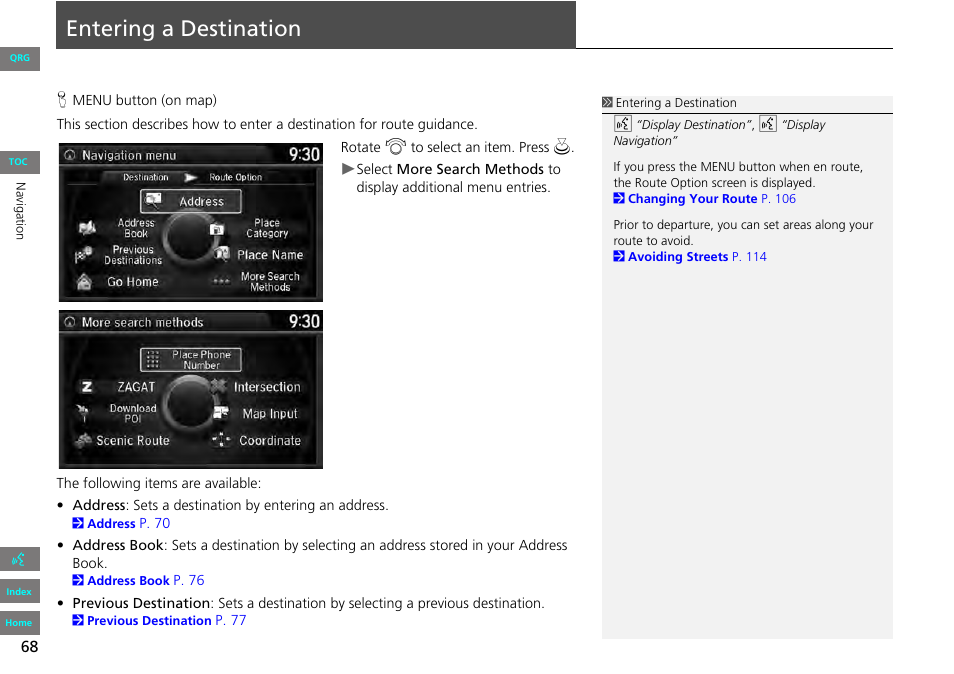 Ation, P68), 2 entering a destination | P. 68, Entering, Destination, Entering a destination | HONDA 2013 Accord Navigation User Manual | Page 69 / 152