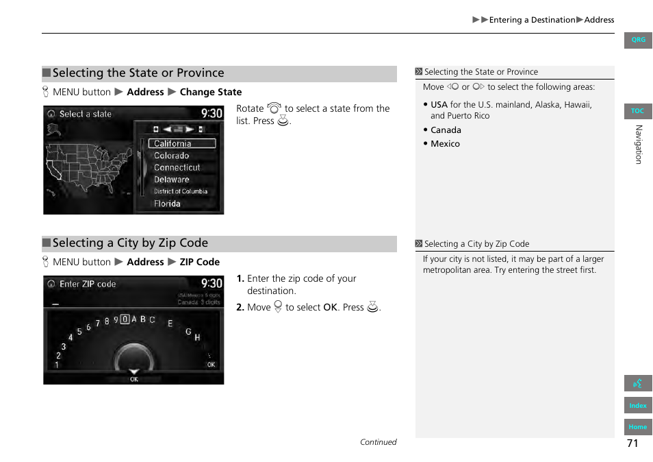 2 selecting a city by zip code, P. 71, 2 selecting the state or province | Selecting the state or province, Selecting a city by zip code | HONDA 2013 Accord Navigation User Manual | Page 72 / 152