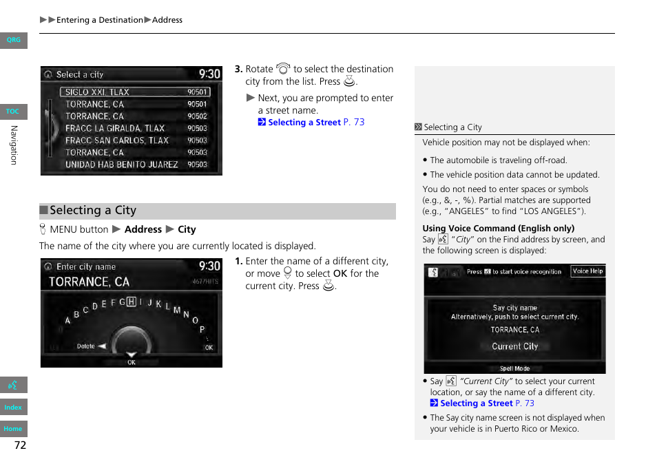 2 selecting a city, P. 72, Selecting a city | HONDA 2013 Accord Navigation User Manual | Page 73 / 152