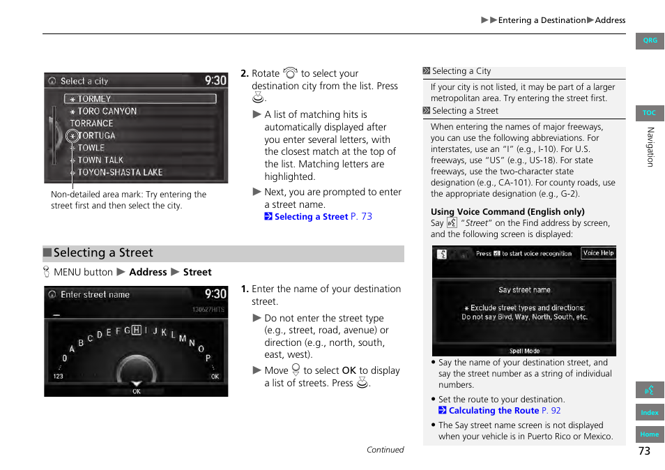 2 selecting a street, P. 73, Selecting a street | HONDA 2013 Accord Navigation User Manual | Page 74 / 152