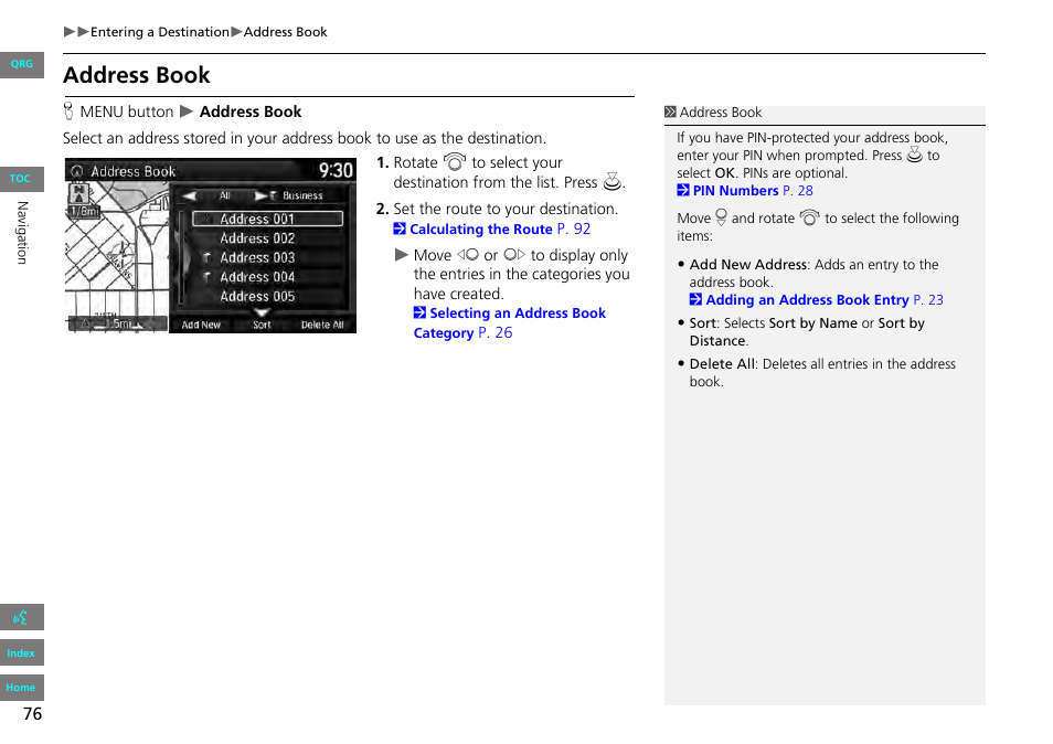 2 address book, P. 76, Address book | HONDA 2013 Accord Navigation User Manual | Page 77 / 152