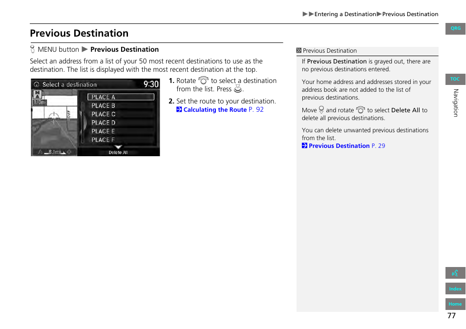 2 previous destination, P. 77, Previous destination | HONDA 2013 Accord Navigation User Manual | Page 78 / 152