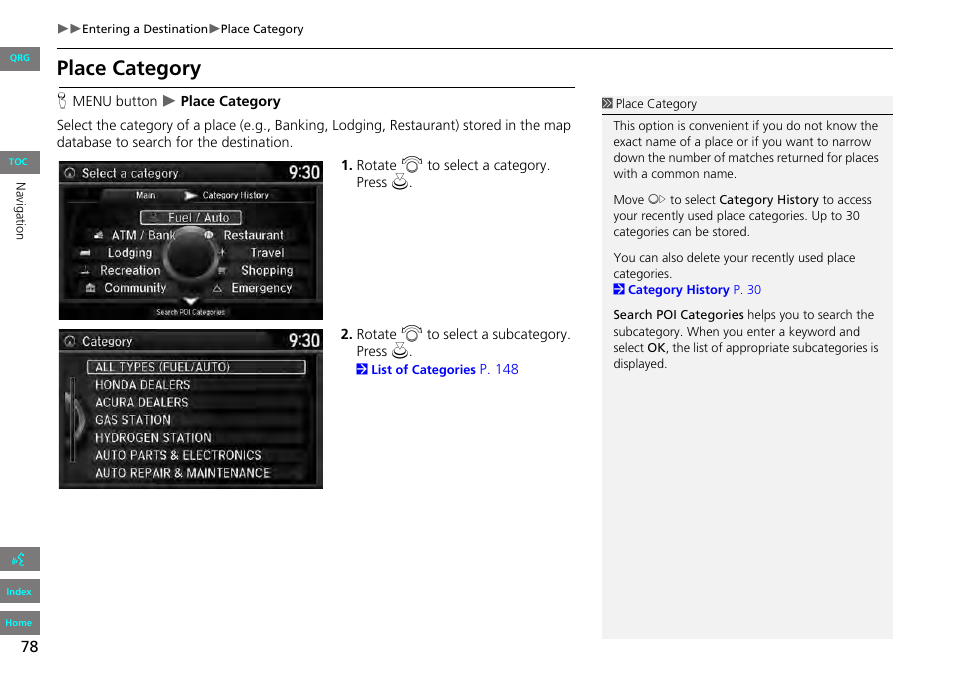 2 place category, P. 78, Place category | HONDA 2013 Accord Navigation User Manual | Page 79 / 152