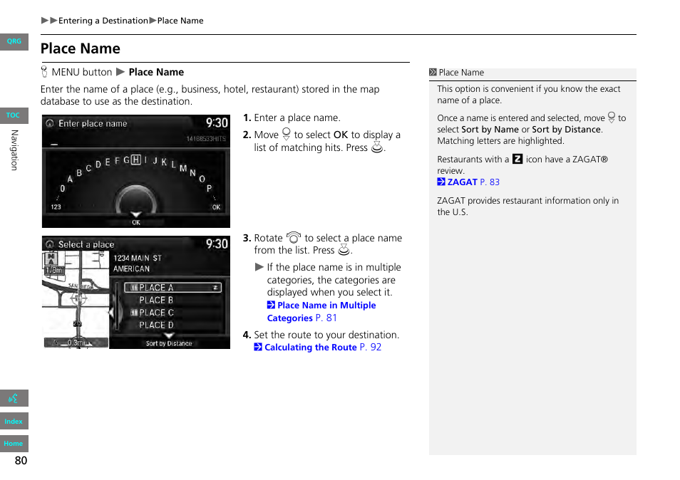 2 place name, P. 80, Place name | HONDA 2013 Accord Navigation User Manual | Page 81 / 152