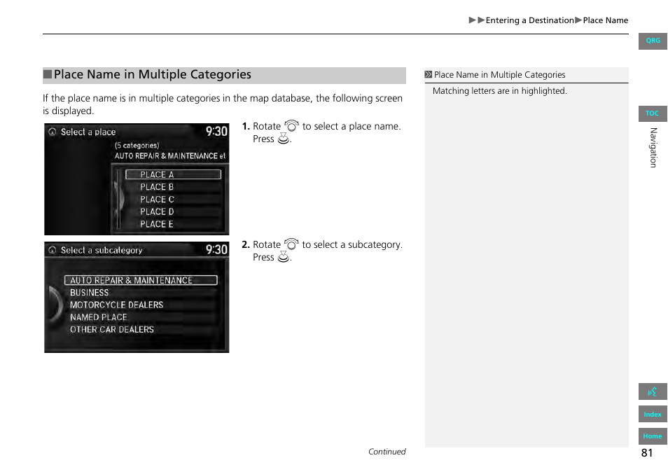 2 place name in multiple categories, P. 81, Place name in multiple categories | HONDA 2013 Accord Navigation User Manual | Page 82 / 152