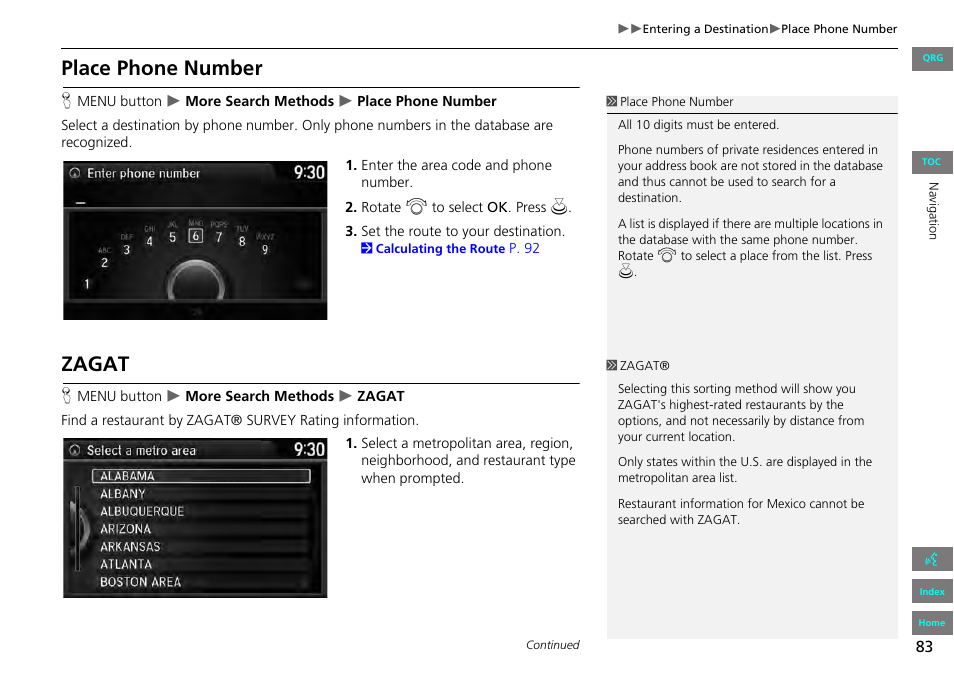 2 place phone number, P. 83, 2 zagat | 2 zagat p. 83, Place phone number, Zagat | HONDA 2013 Accord Navigation User Manual | Page 84 / 152