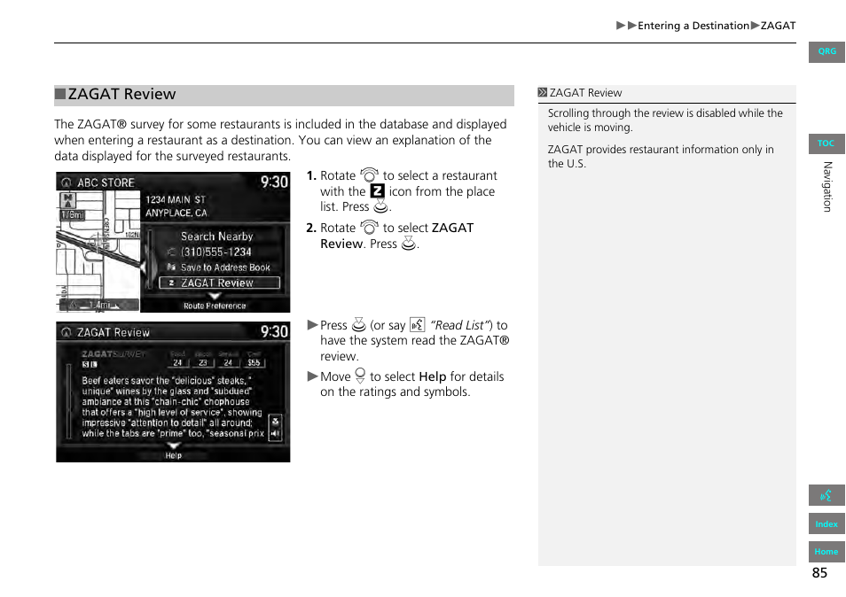 Zagat review | HONDA 2013 Accord Navigation User Manual | Page 86 / 152