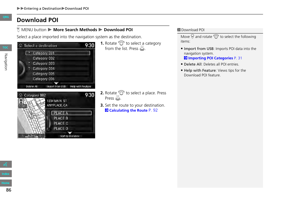 2 download poi, P. 86, Download poi | HONDA 2013 Accord Navigation User Manual | Page 87 / 152