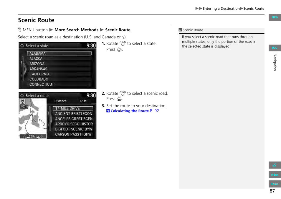 2 scenic route, P. 87, Scenic route | HONDA 2013 Accord Navigation User Manual | Page 88 / 152