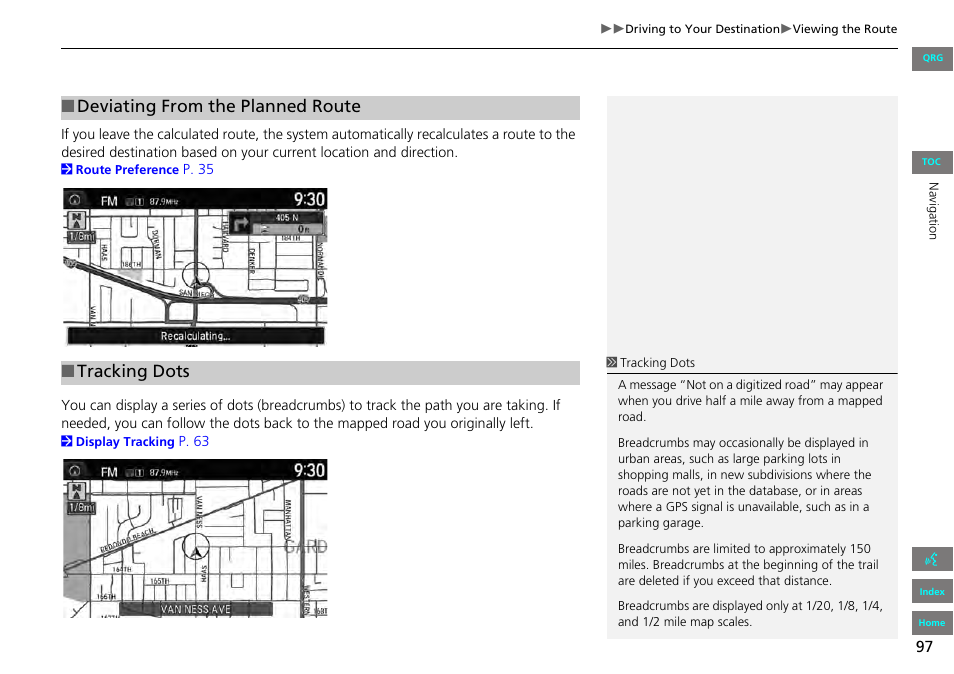 P97), Deviating from the planned route ■ tracking dots | HONDA 2013 Accord Navigation User Manual | Page 98 / 152