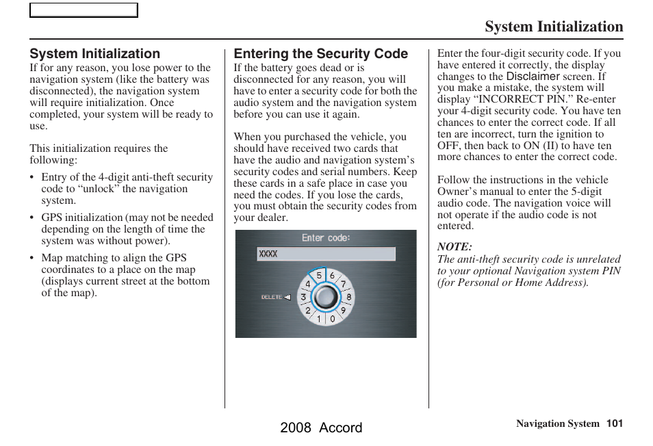 System initialization | HONDA 2008 Accord Navigation User Manual | Page 101 / 148