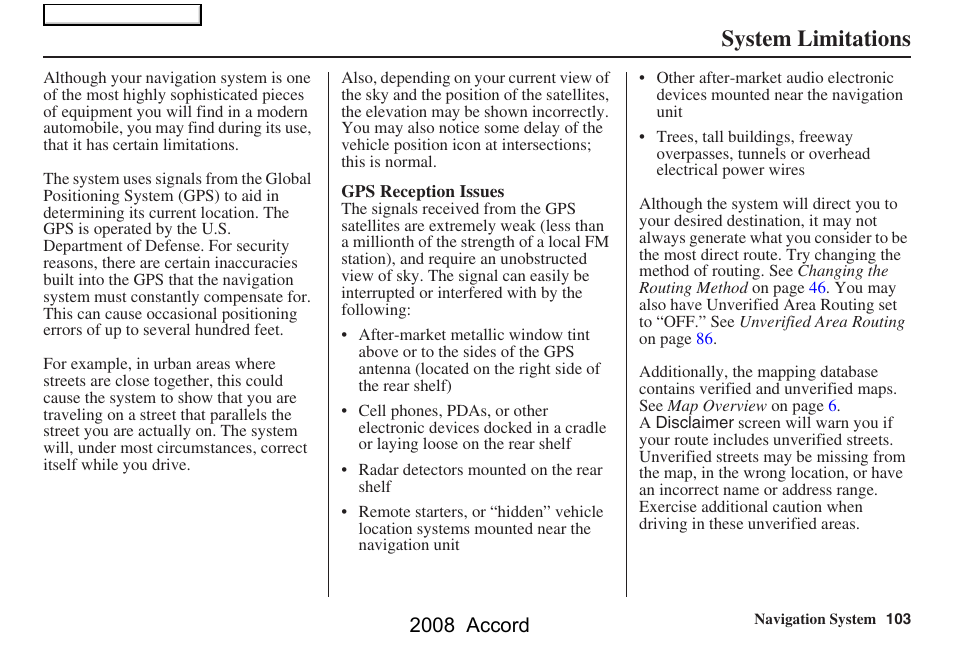 System limitations, 2008 accord | HONDA 2008 Accord Navigation User Manual | Page 103 / 148