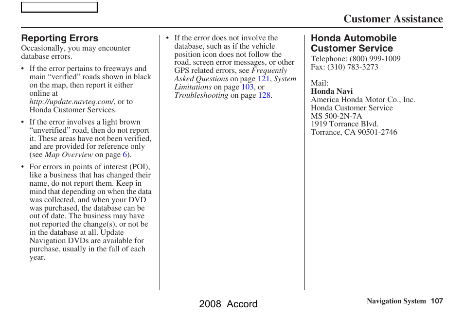 Customer assistance, 2008 accord | HONDA 2008 Accord Navigation User Manual | Page 107 / 148