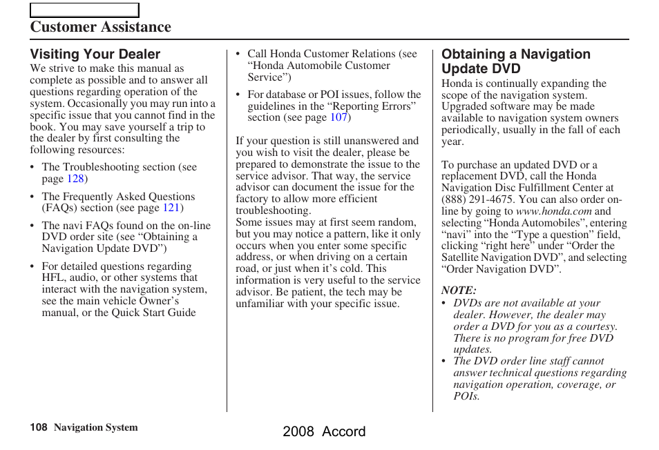 Customer assistance, 2008 accord | HONDA 2008 Accord Navigation User Manual | Page 108 / 148