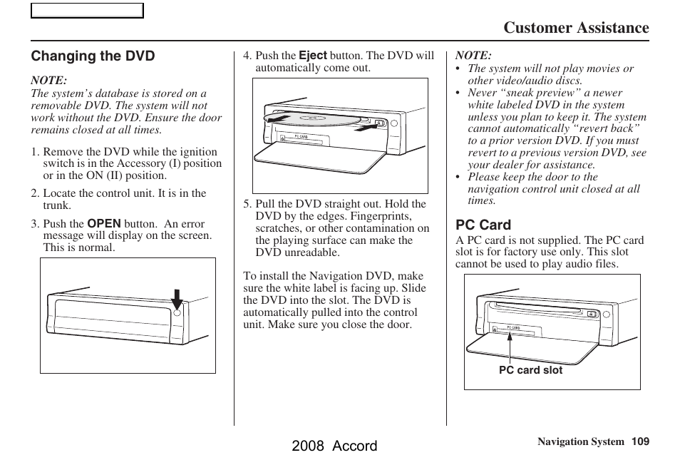 Customer assistance, 2008 accord | HONDA 2008 Accord Navigation User Manual | Page 109 / 148