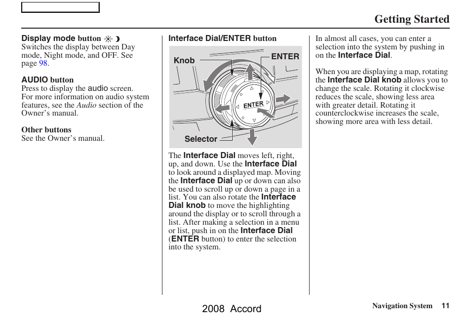 Getting started, 2008 accord | HONDA 2008 Accord Navigation User Manual | Page 11 / 148
