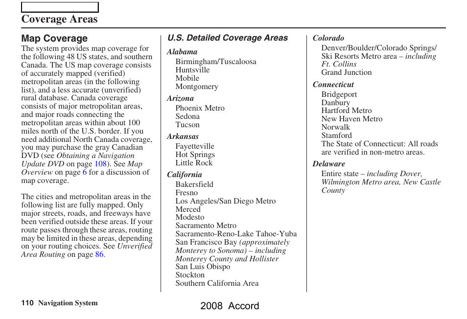 Coverage areas, 2008 accord | HONDA 2008 Accord Navigation User Manual | Page 110 / 148