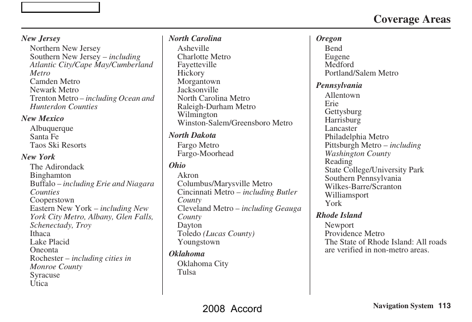 Coverage areas, 2008 accord | HONDA 2008 Accord Navigation User Manual | Page 113 / 148