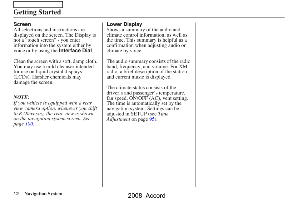 Getting started, 2008 accord | HONDA 2008 Accord Navigation User Manual | Page 12 / 148