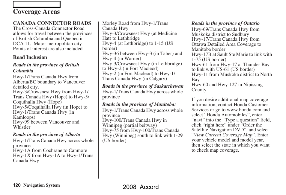Coverage areas | HONDA 2008 Accord Navigation User Manual | Page 120 / 148