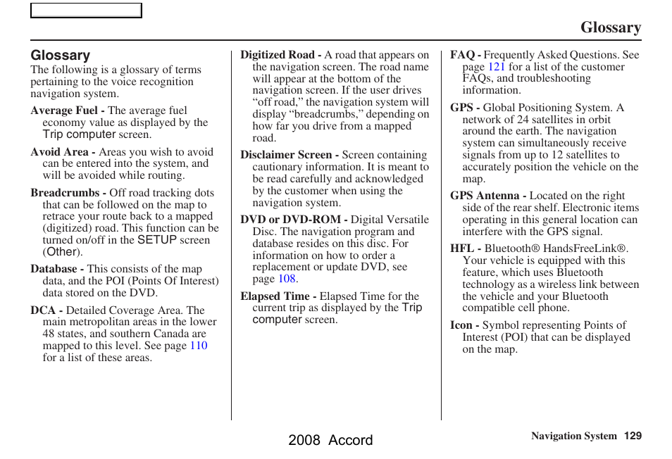 Glossary, 2008 accord | HONDA 2008 Accord Navigation User Manual | Page 129 / 148