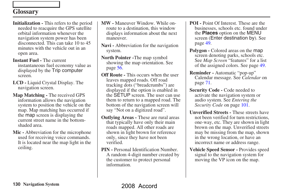 Glossary, 2008 accord | HONDA 2008 Accord Navigation User Manual | Page 130 / 148
