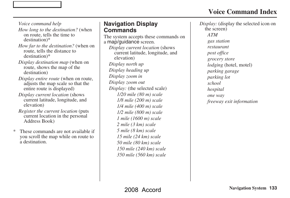 Voice command index, 2008 accord | HONDA 2008 Accord Navigation User Manual | Page 133 / 148