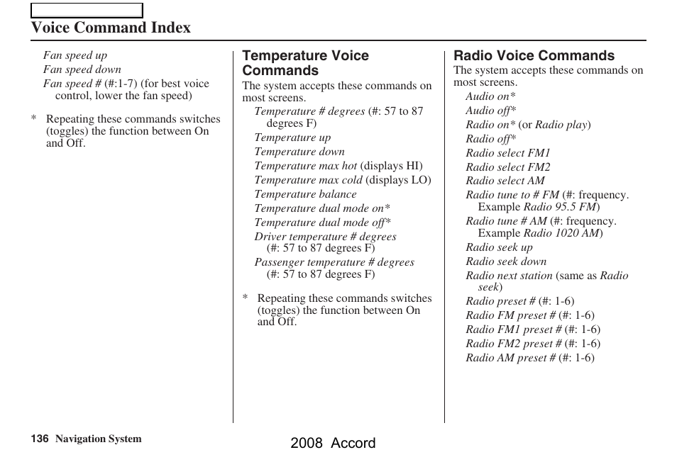 Voice command index, 2008 accord | HONDA 2008 Accord Navigation User Manual | Page 136 / 148