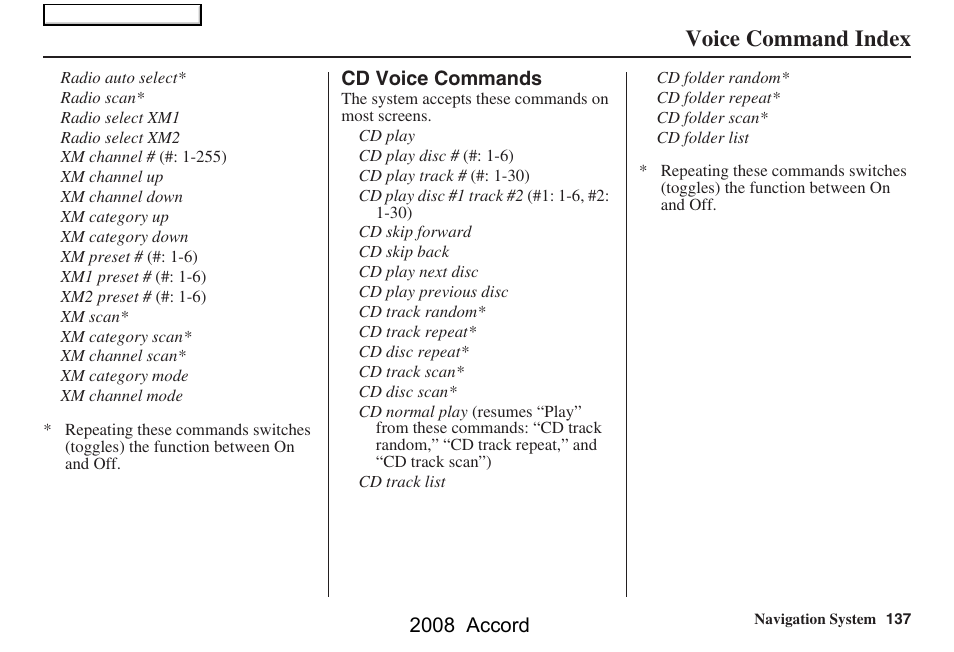 Voice command index, 2008 accord | HONDA 2008 Accord Navigation User Manual | Page 137 / 148