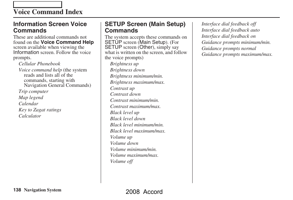 Voice command index | HONDA 2008 Accord Navigation User Manual | Page 138 / 148