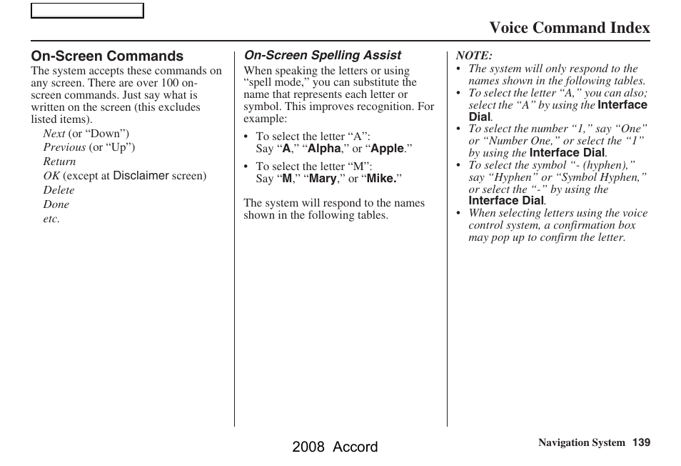 Voice command index, 2008 accord | HONDA 2008 Accord Navigation User Manual | Page 139 / 148