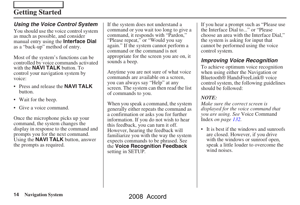 Getting started, 2008 accord | HONDA 2008 Accord Navigation User Manual | Page 14 / 148