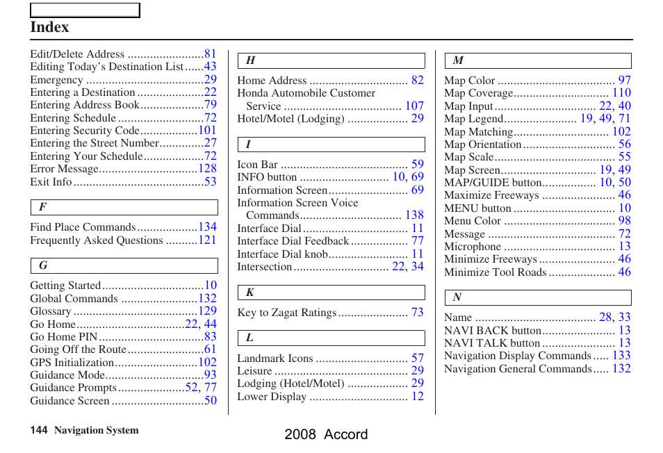 Index | HONDA 2008 Accord Navigation User Manual | Page 144 / 148