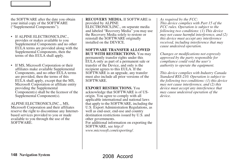 2008 accord | HONDA 2008 Accord Navigation User Manual | Page 148 / 148
