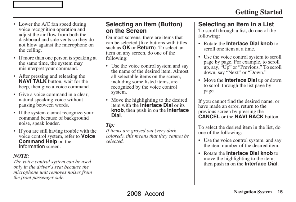 Getting started, 2008 accord | HONDA 2008 Accord Navigation User Manual | Page 15 / 148