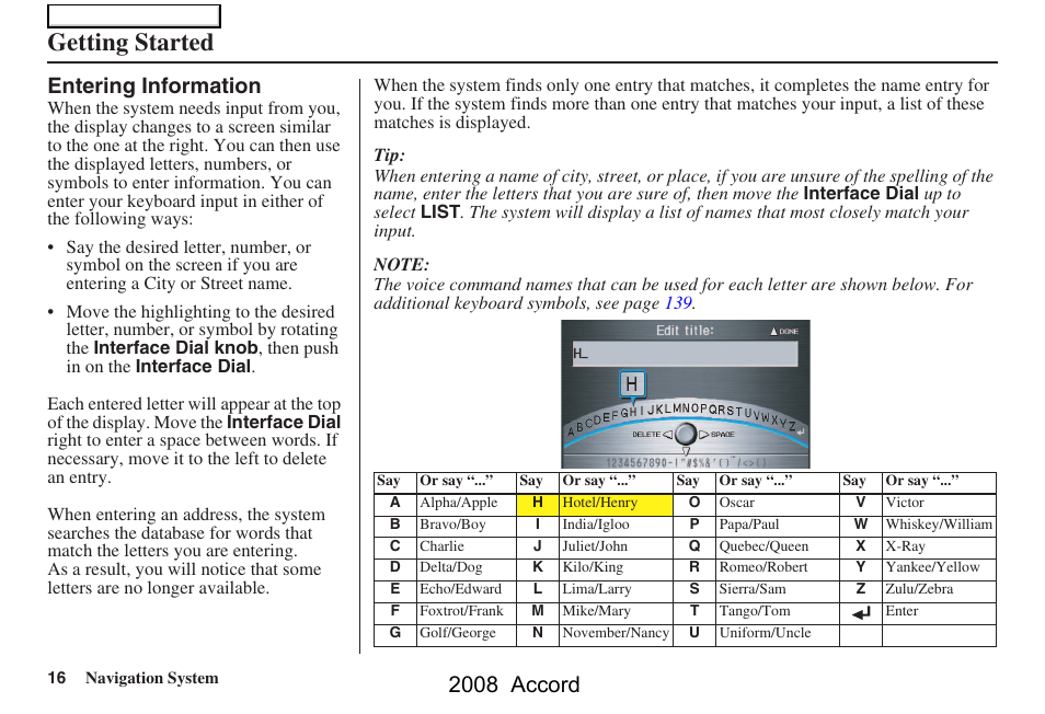 Getting started, 2008 accord, Entering information | HONDA 2008 Accord Navigation User Manual | Page 16 / 148