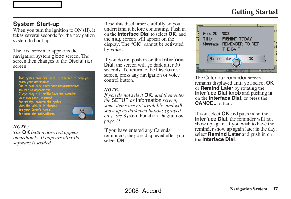 Getting started, 2008 accord | HONDA 2008 Accord Navigation User Manual | Page 17 / 148