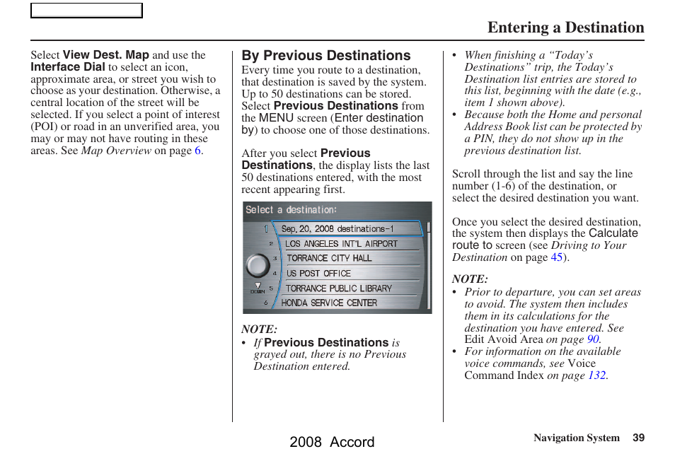 Entering a destination, 2008 accord | HONDA 2008 Accord Navigation User Manual | Page 39 / 148