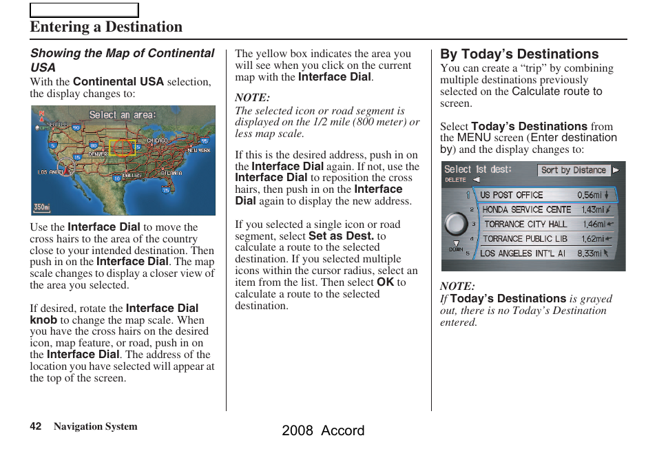 Entering a destination, 2008 accord | HONDA 2008 Accord Navigation User Manual | Page 42 / 148