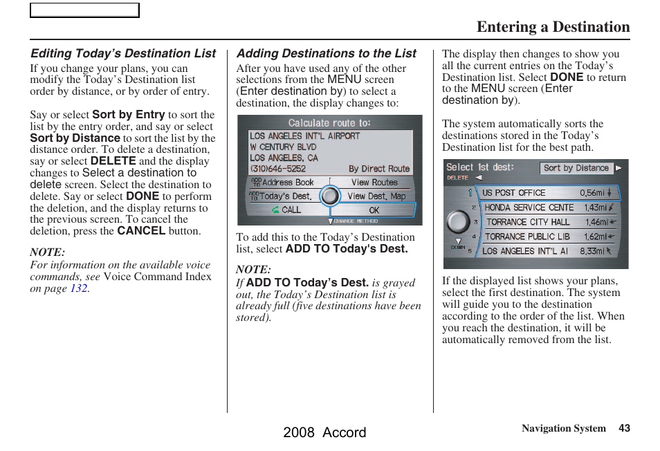 Entering a destination, 2008 accord | HONDA 2008 Accord Navigation User Manual | Page 43 / 148
