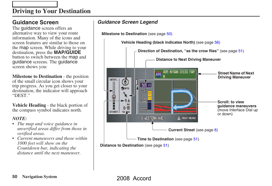 Driving to your destination, 2008 accord, Guidance screen | HONDA 2008 Accord Navigation User Manual | Page 50 / 148