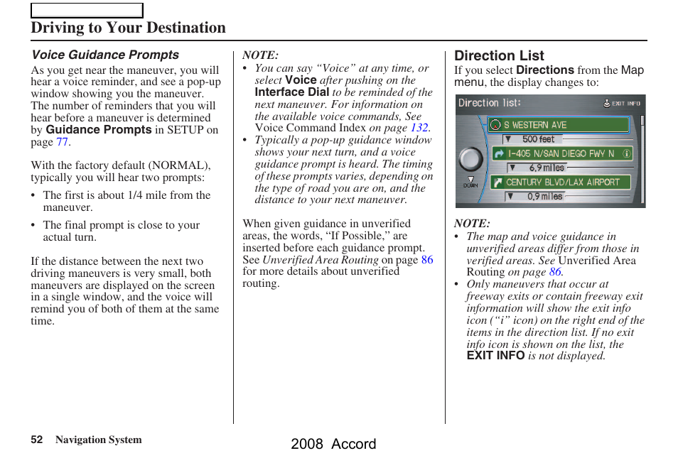 Driving to your destination, 2008 accord | HONDA 2008 Accord Navigation User Manual | Page 52 / 148