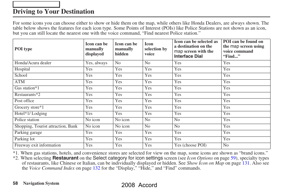 Driving to your destination, 2008 accord | HONDA 2008 Accord Navigation User Manual | Page 58 / 148