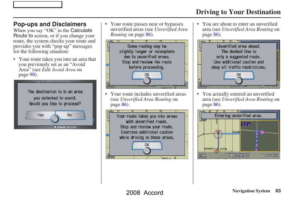 Driving to your destination, 2008 accord | HONDA 2008 Accord Navigation User Manual | Page 63 / 148