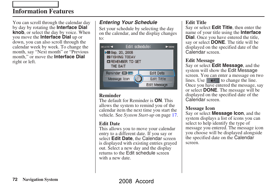 Information features, 2008 accord | HONDA 2008 Accord Navigation User Manual | Page 72 / 148
