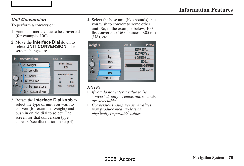 Information features, 2008 accord | HONDA 2008 Accord Navigation User Manual | Page 75 / 148