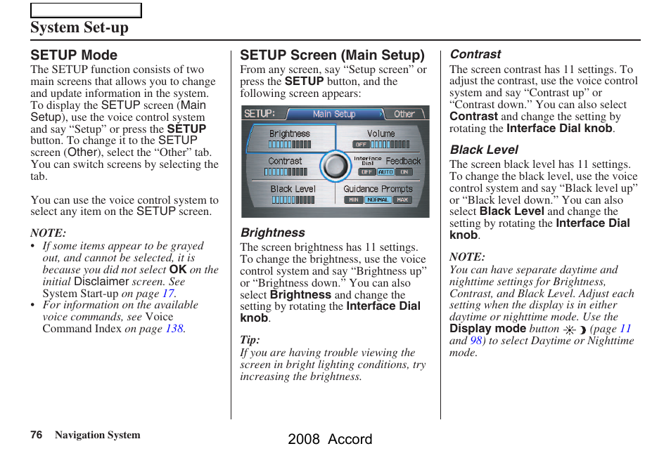 System set-up, 2008 accord | HONDA 2008 Accord Navigation User Manual | Page 76 / 148