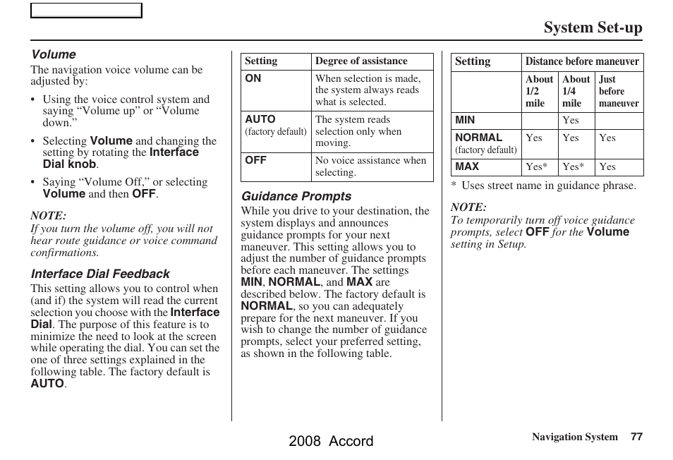 System set-up, 2008 accord | HONDA 2008 Accord Navigation User Manual | Page 77 / 148